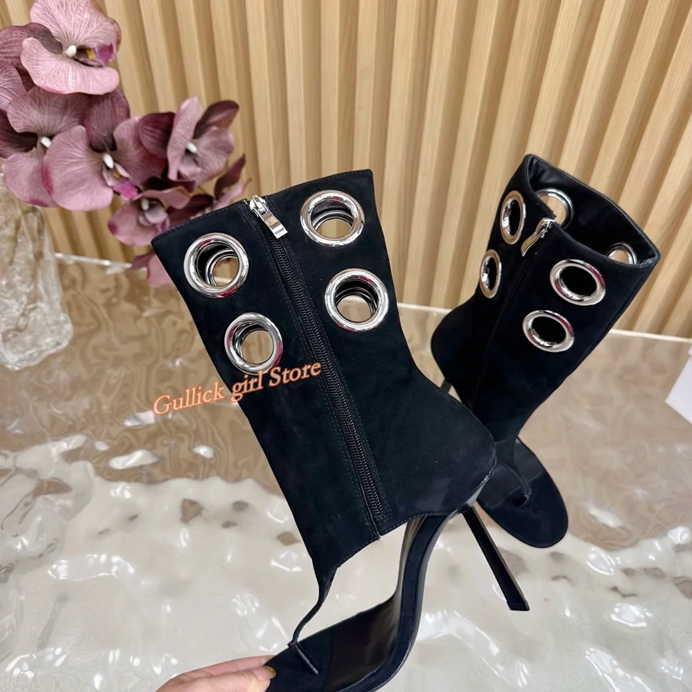 Botas decorativas con agujeros de gamuza para mujer, zapatos de vestir con punta abierta y tacón alto fino con cremallera, color negro y Beige, 2025