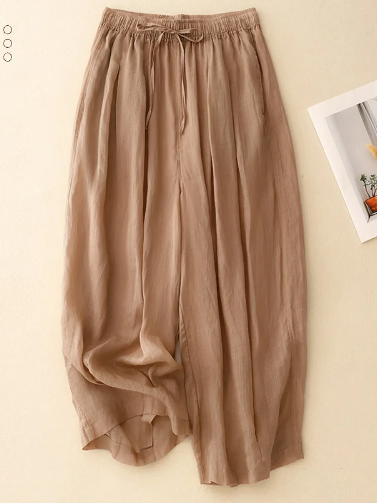 

Artistic Pure Color Pleated Hemp Lantern Pants Women Summer Lightweight Breathable Casual Double Layer Wide Leg Nine Point Pants