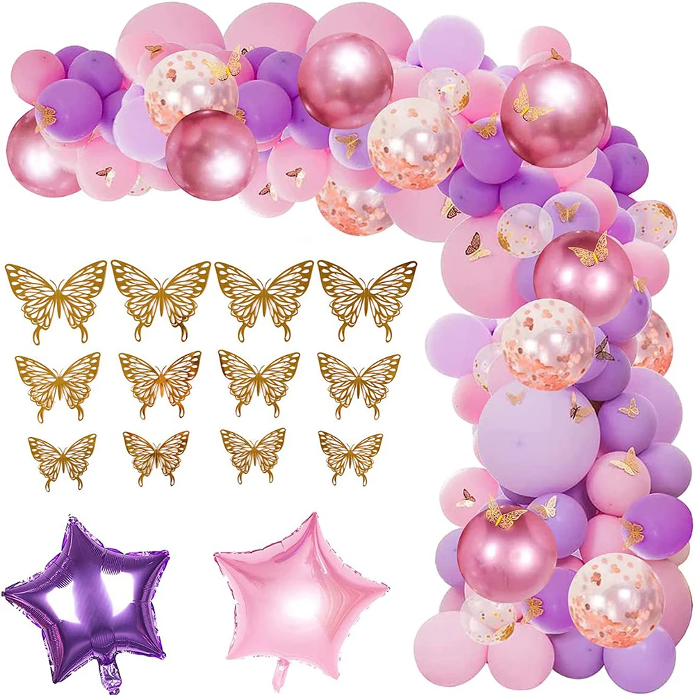 Pink Purple Balloons Garland Arch Kit Confetti Ballon Butterfly Party Girl Birthday Star Foil Balloons Wedding Baby Shower Decor