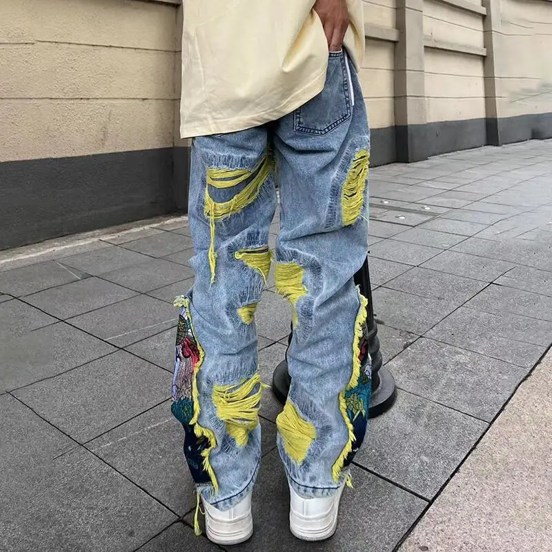 MWJLPWQ Hiphop Y2k American Street Heavy Stickerei Distressed Jeans Herren Unisex 2025, neue gebürstete Loch-Nissed-Langhose 12529