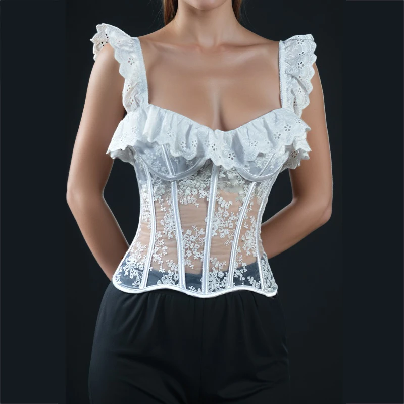 

Летние белые корсеты, винтажные бюстье с чашками, сексуальный женский прозрачный сетчатый бюстгальтер с завышенной талией, лиф на шнуровке, элегантная кружевная майка