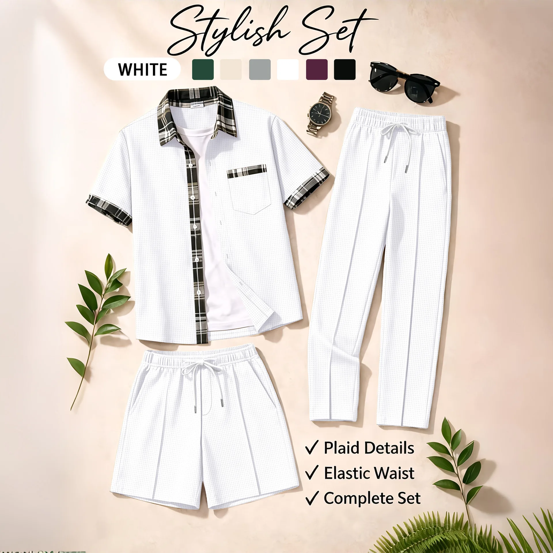 Men's 3 Piece Waffle Knit Tracksuit | Plaid Trim Button Up Shirt & Elastic Waist Shorts & Pants Set | Casual Stylish Outfit for view 5