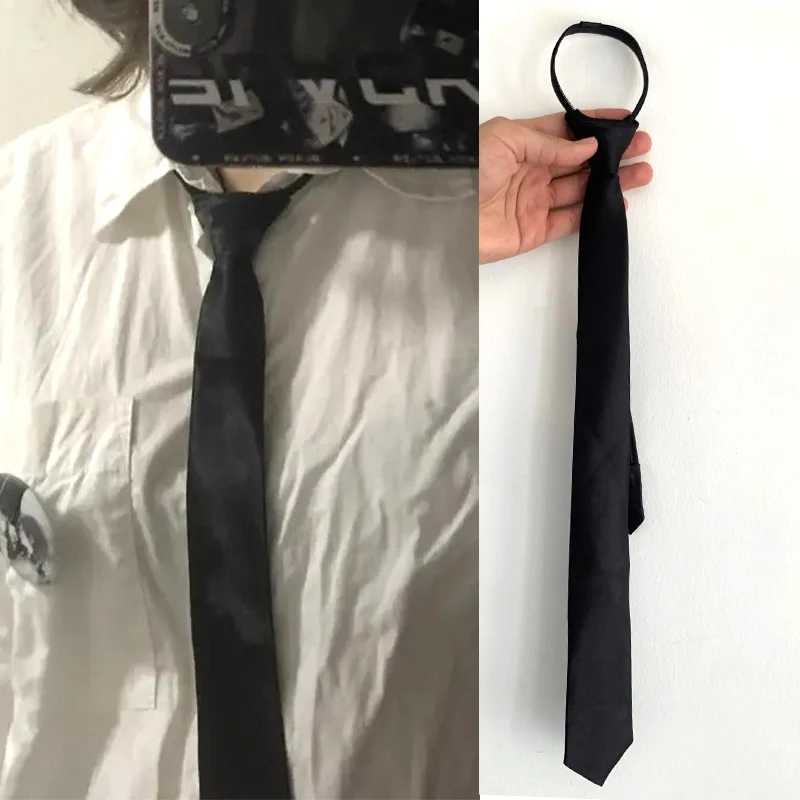 New Unisex Black Simple Clip on Tie Men's and Women's JK Tie Zipper Collar Solid Color Fashion Tie Academic Style Lazy Style