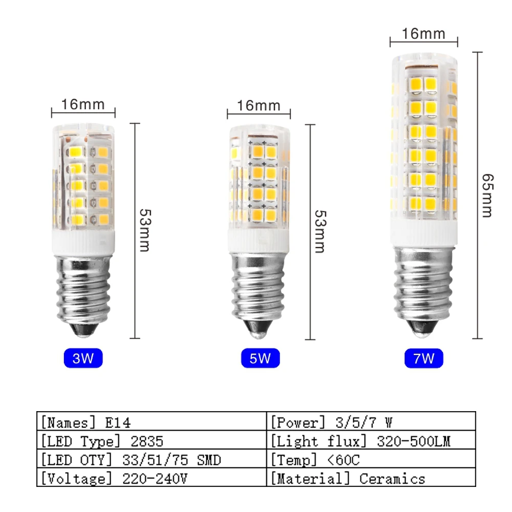 3W 5W 7W E14 Led Lamp Lamp 220V Mini Maïs Lamp 2835smd 360 Stralingshoek Vervangen Halogeen Kroonluchter Verlichting Koelkast Lamp