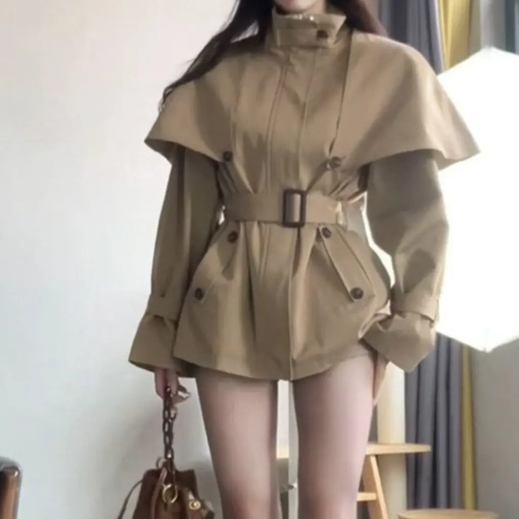 

British-Style Women's Khaki Stand-Collar Trench Coat High-End Temperament Design Mid-Length Slim Fit Two-Wear Waist