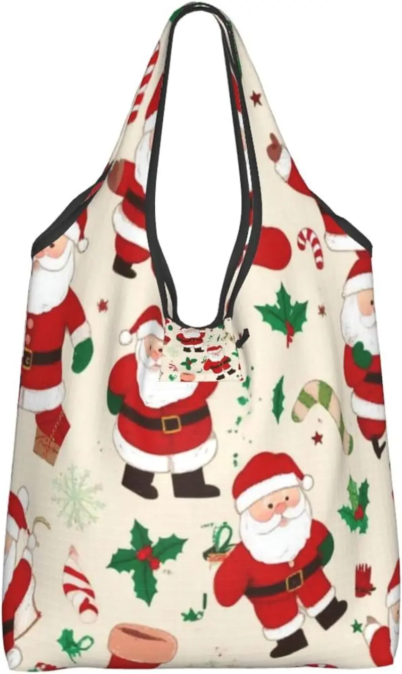Christmas Tote Bags with Handles Santa Claus Reusable Shopping Bags Foldable Grocery Bags Travel Recycle Shopping Eco Print
