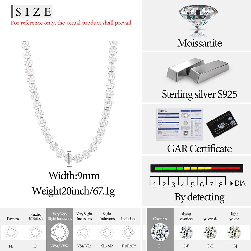 New HipHop Fine Jewelry 9mm Flower Necklace Chain for Men Women Full Iced Out Moissanite Honeycomb 925 Sterling Silver Bracelet