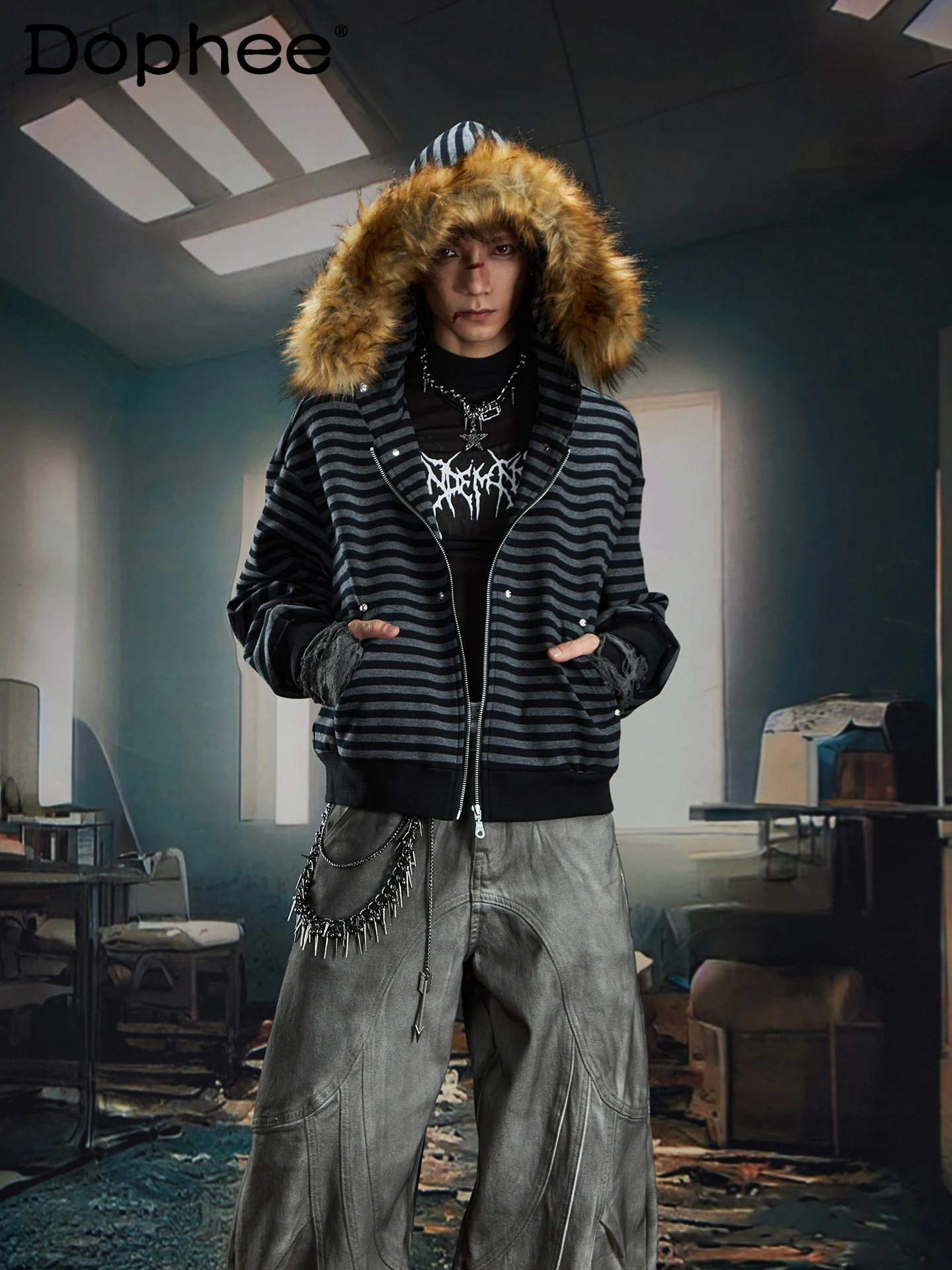 

Japanese Style Original Y2K Subculture Zipper Hooded Sweatshirt Fashion Trend Youth Popular Striped Jacket for Men
