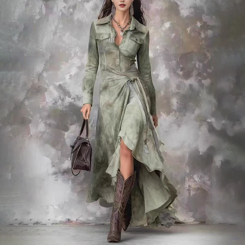 

Autumn Women's Maxi Dresses Tie-dye Print V-Neck Long Sleeve Up Irregular Hem Retro Western Cowboy Style Party Dress Streetwear