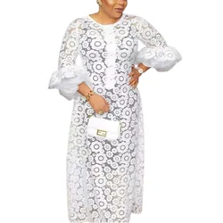 African Dresses for Women White African Hollow Out Elegant Muslim Fashion Abaya Dashiki Kaftan Long Maxi Robes African Clothing