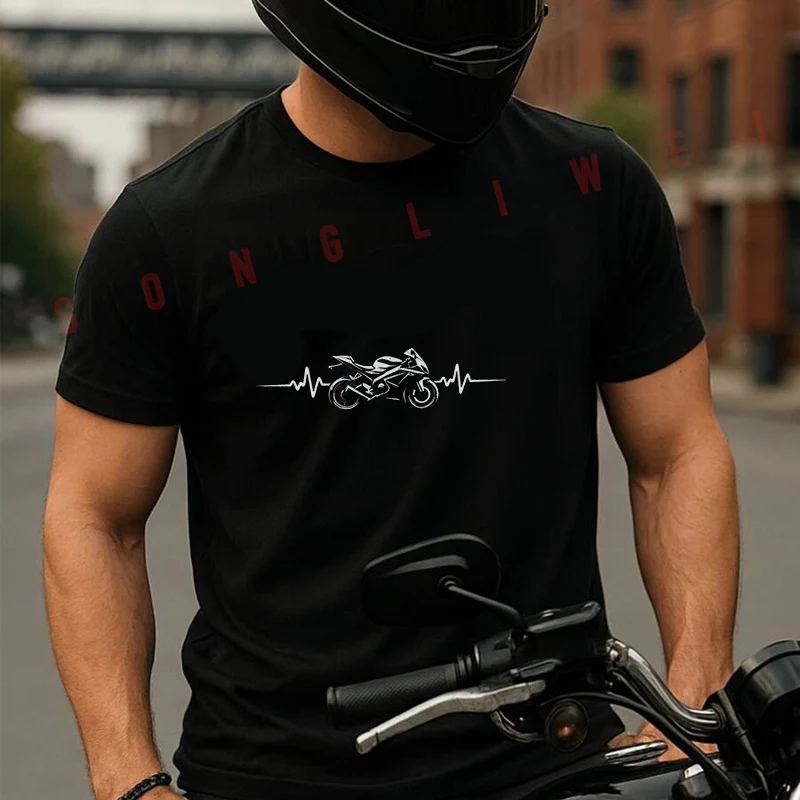 

Heartbeat Motorcycle Pattern Moto Summer Short-sleeved Cotton T Shirt Men Women Streetwear Loose T-shirts