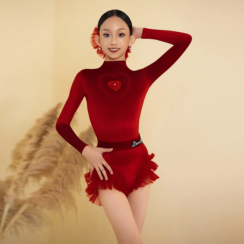New Girls Latin Dance Performance Clothes White Red Velvet Sets Kids Cha Cha Rumba Dance Costume Long Sleeves Tops Shorts L14531