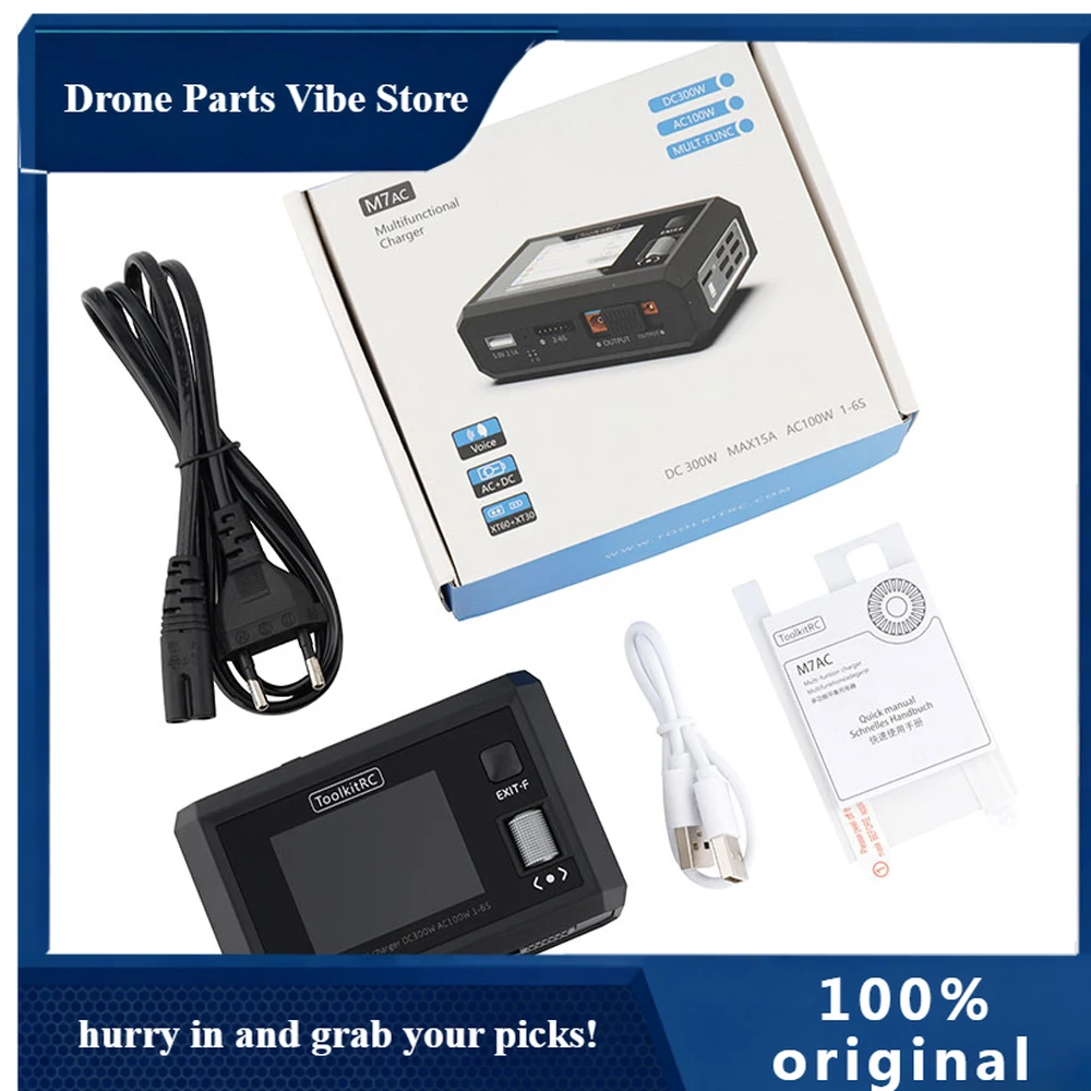 

Зарядное устройство APToolkitRC M7AC AC100W / DC300W 2-6S, двухканальное, многофункциональное, интеллектуальное, с разъемами XT30/XT60, для радиоуправляемых FPV дронов, лодок, автомобилей