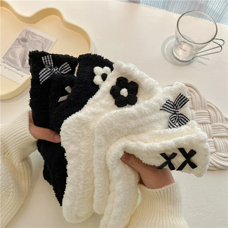 Women Cute Fuzzy Socks White Black  Winter Warm Fleece Kawaii Flower Bowknot Fluffy Socks Fashion Thicken Home Floor Sleep Sock