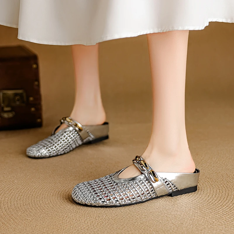 2026 new summer women sandals natural leather 22-25cm cowhide+weave fabric+sheepskin hollow-out buckle mules women slippers