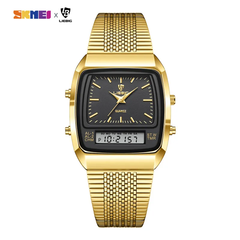 5 PCS/Set Watch For Men New Fashion Casual  Digital Quartz Dual Display Gold Clock Week Time Sports Waterproof Quartz Wristwatch