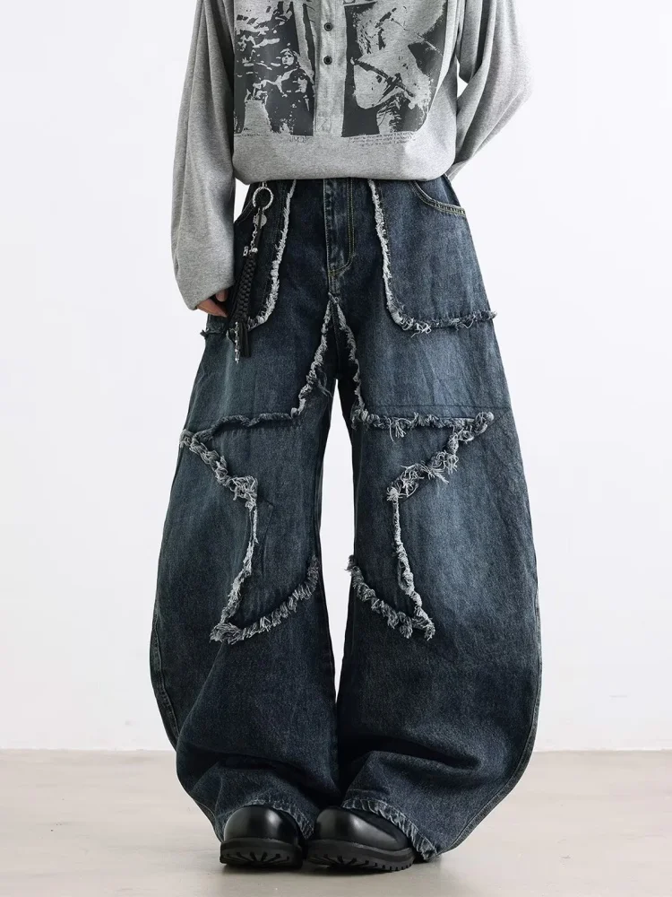 2025 사이버 Y2K 스트리트웨어 스타 패치워크 디스트레스드 블루 배기 진 여성 의류 와이드 레그 올드 레이디 데님 바지