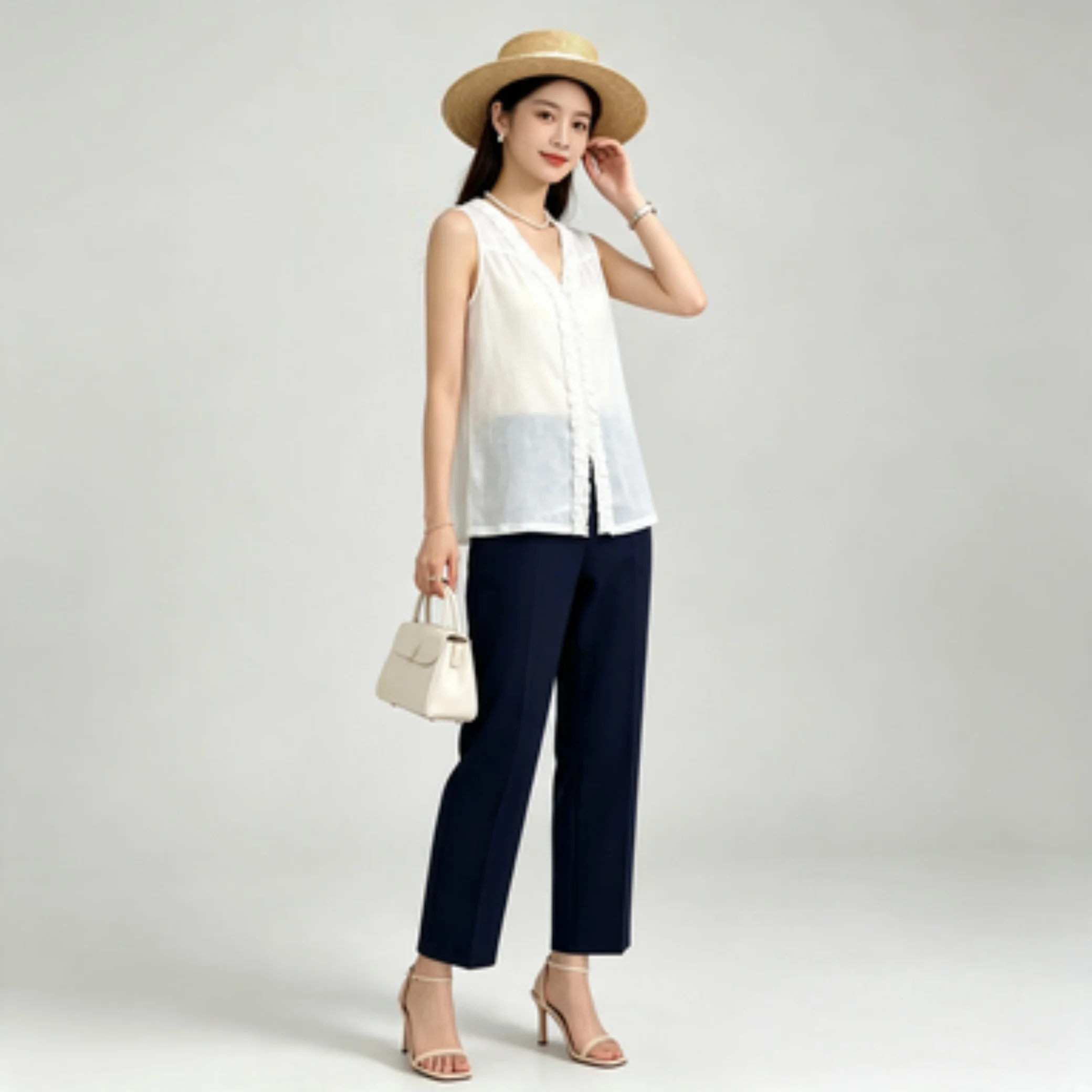 White Ruffle V Neck Sleeveless Blouse