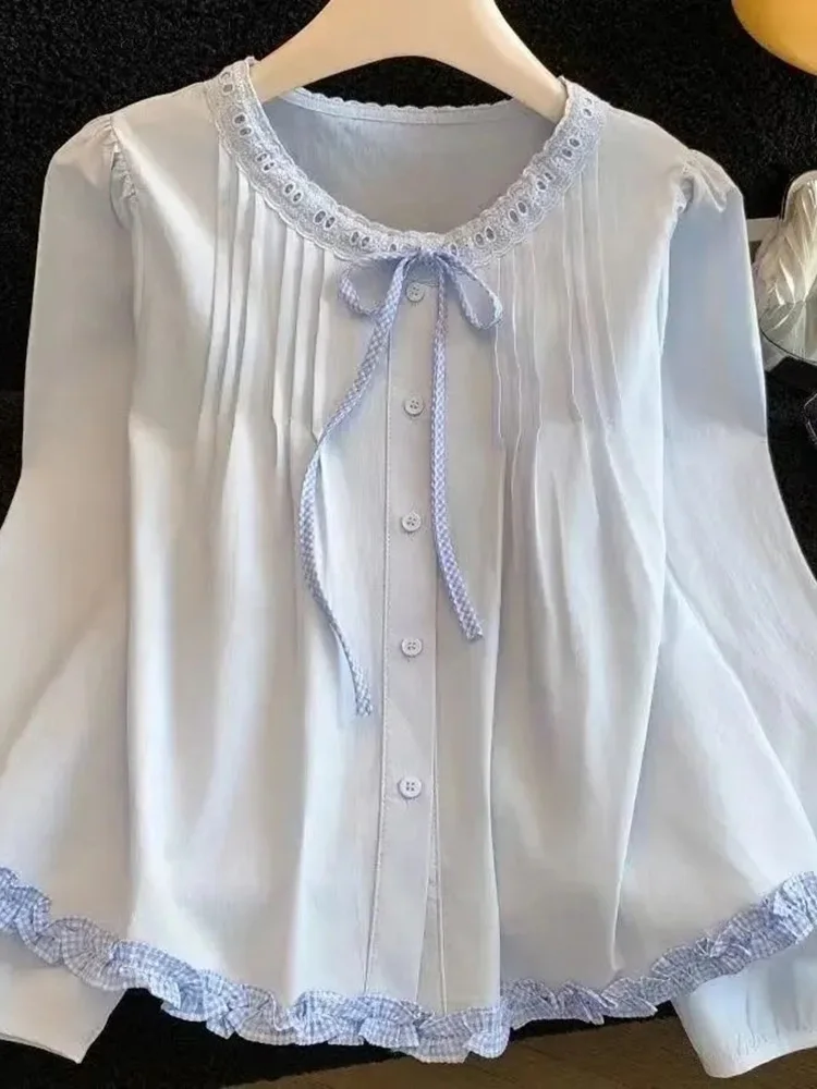 

Женская блузка с рюшами и бантом в винтажном стиле преппи, на шнуровке, весенняя, повседневная, свободного кроя, с длинным рукавом, милая, в стиле ретро, японская, кавайная, топ