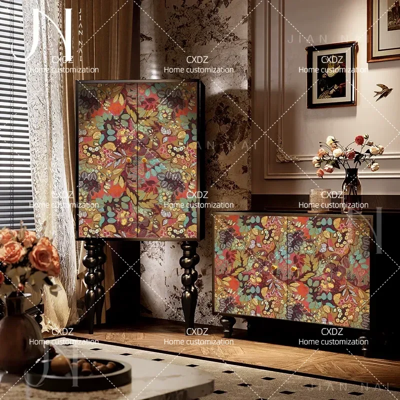 French medieval Maillard flower solid wood tall cabinet, living room storage against the wall, dining room locker, entrance