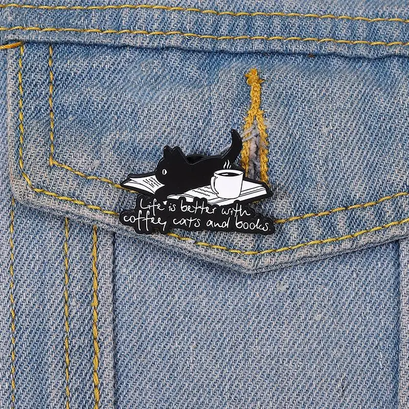 Dream Life Enamel Pins Custom Life is Better with Cat Coffee Book Brooch Lapel Badges Animal Jewelry Gift for Kids Friends
