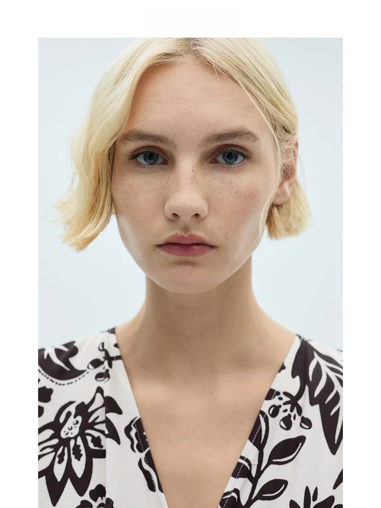 Traje de una Pieza para Mujer Mango, Primavera, Nuevo, Lino, Estampado Mixto, Cuello en V, Cintura Alta, Pantalones Largos, Cintura Alta, Cinturón, Pierna Recta