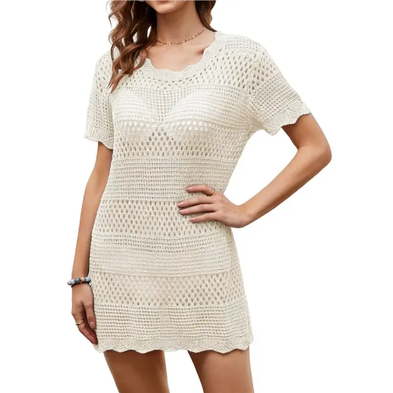 

CYL-Women Crochet Swimsuit Beach Cover Up Short Sleeve Mesh Knit Bathing Suit Swim Mini Dress