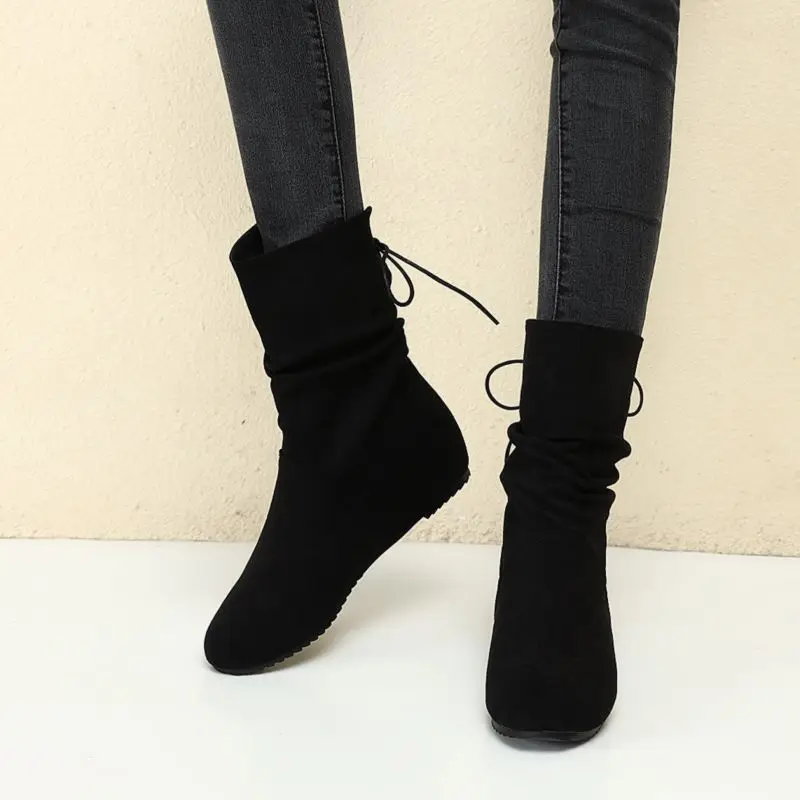 

Girseaby Fashion 2026 Women's Ankle Boots Round Toe 4.5cm Increased Heel Flock Suede Lace-Up Size 41-43 Leisure Daily Style