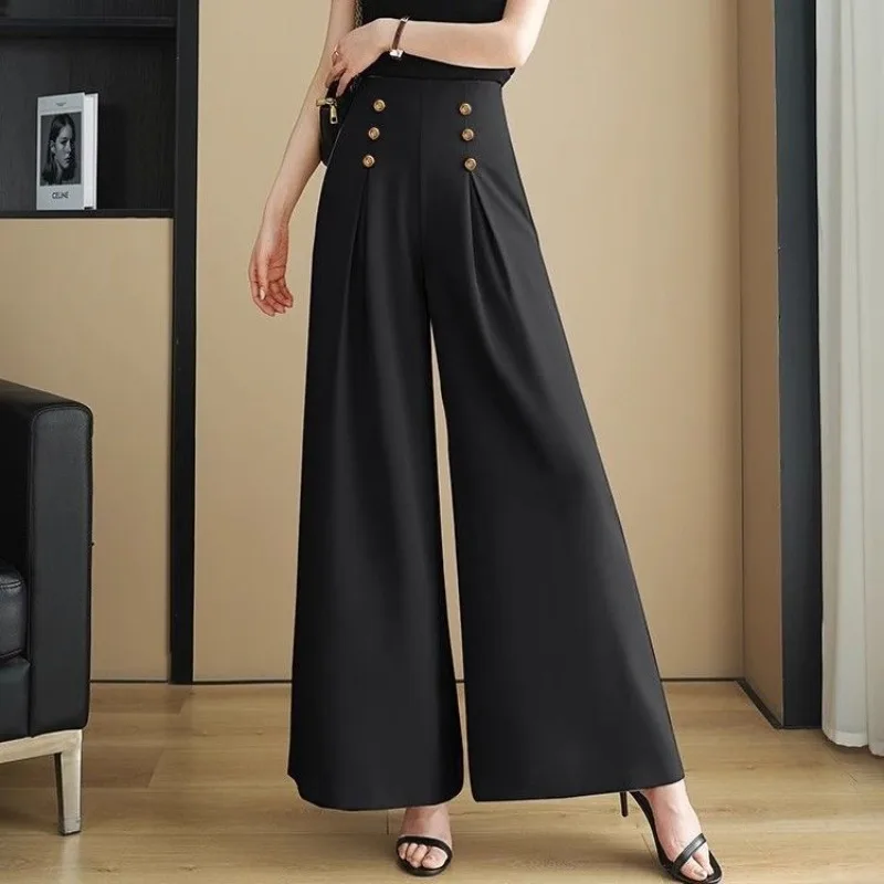 Fashion Commute Vintage Summer Pants Women\'s Solid Color Spliced Button Folds Loose Straight High Waist Casual Wide Leg Trousers