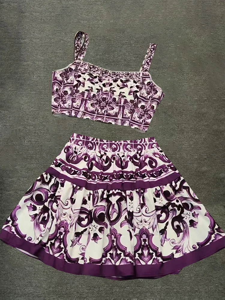 

Retro summer new sexy women's suit printed short halter top +A word bitter fleabane bitter fleabane overskirt fashion two-piece.