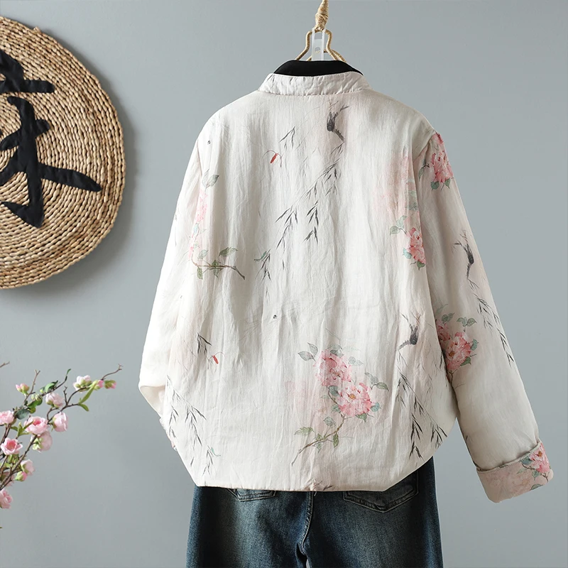 เสื้อโค้ทผ้าฝ้ายสไตล์เรโทร น้ำหนักเบา พิมพ์ลาย คอตั้ง ติดกระดุม ให้ความอบอุ่นสำหรับฤดูหนาว ทรงหลวมสำหรับผู้หญิง แขนยาว