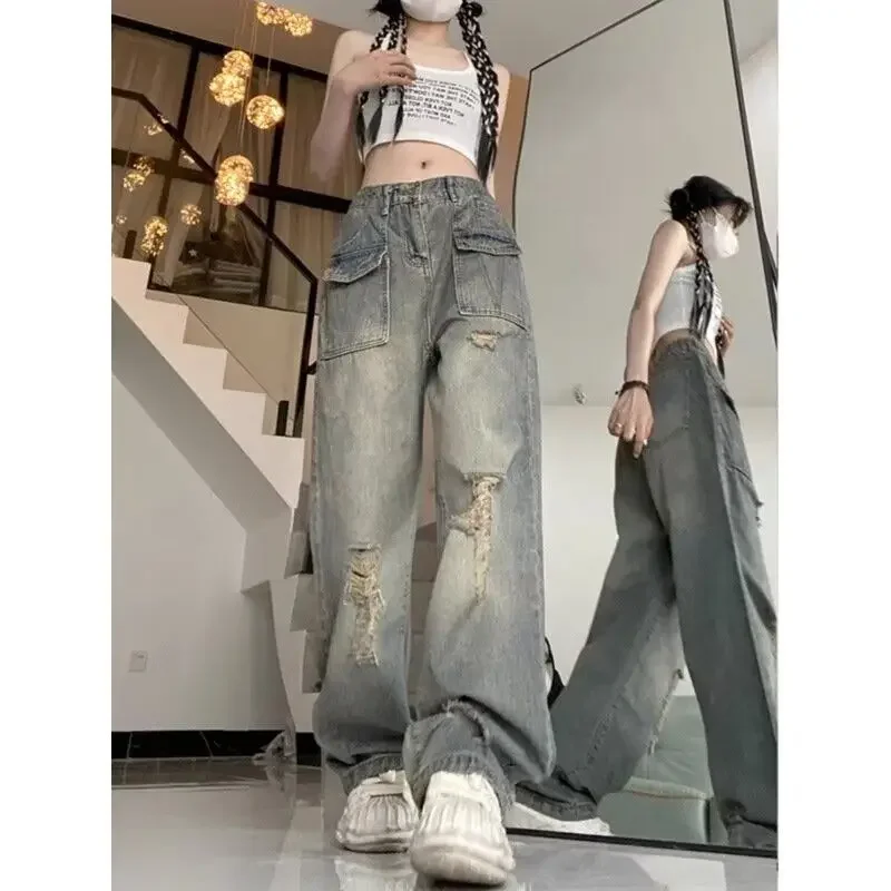 Retro Vintage Gerade Bein Zerrissene Jeans für Frauen 2024 Frühling Sommer Neue Spicy Girl Hohe Taille Lose Bodenlangen Breite Bein Hosen
