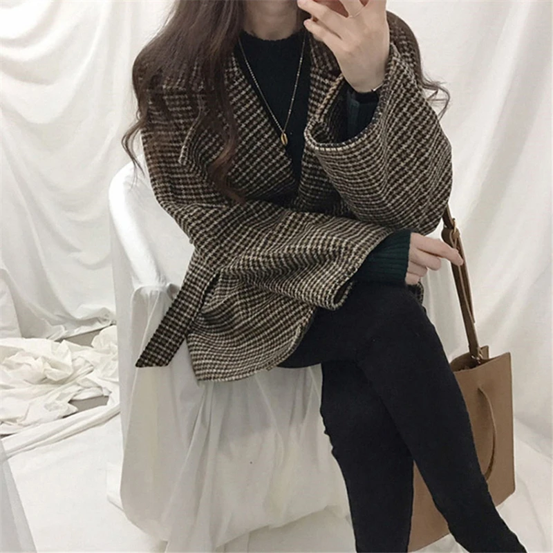 Mulheres outono inverno misturas casacos xadrez vintage solto elegante estilo de escritório senhoras rendas outwear gracioso all-match maduro mujer