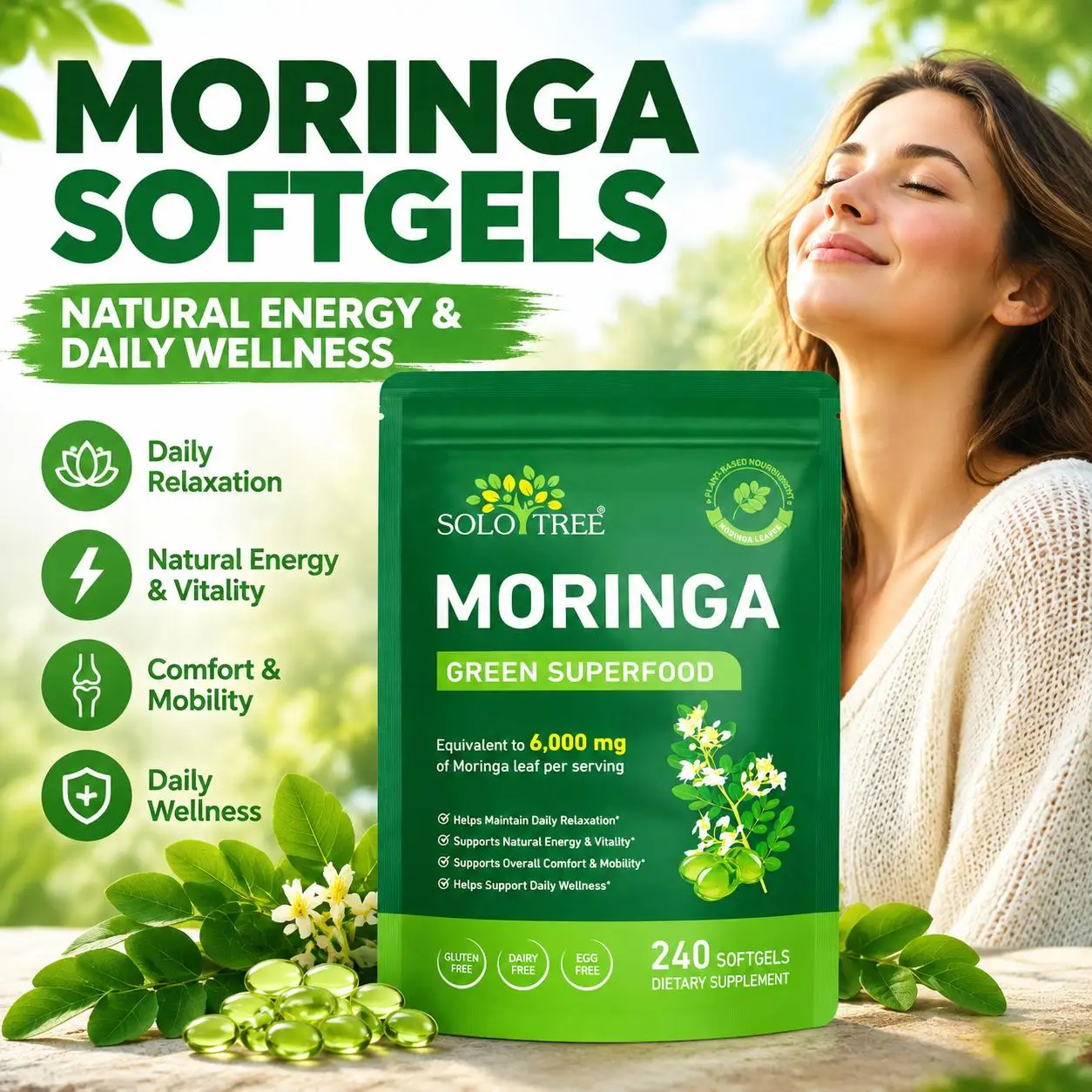Moringa Softgels Supports Immune Antioxidant Support Natural Energy Vitality Relaxation Moringa Leaf 240 Softgels for Women