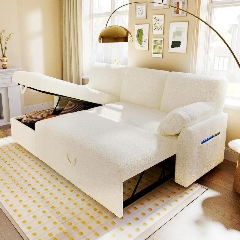 Sofa Bed, Sofa Sleeper with Storage Chaise, L Shape Pull Out Couch Bed, Oversized Sofas for Living Room-Offwhite Sherpa