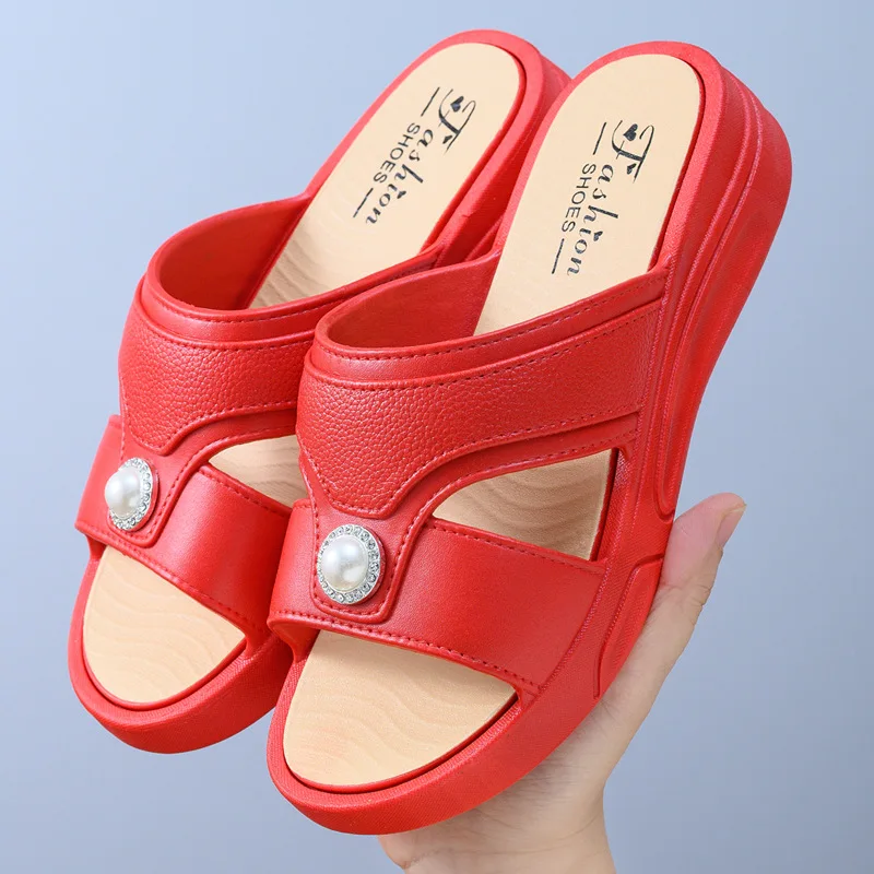 LNATISNOVA Sandalias Planas Rojas con Perlas, Suela Suave Antideslizante, Punta Abierta, Casuales, para Playa y Hogar, con Pedrería y Punta en Pico