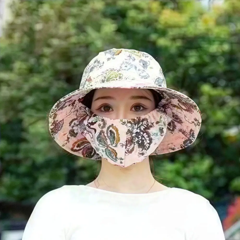 Summer Floral Flat Top Sun Hat With Face Mask Gardening Cap Breathable Outdoor UV Protection Wide Brim Bonnet