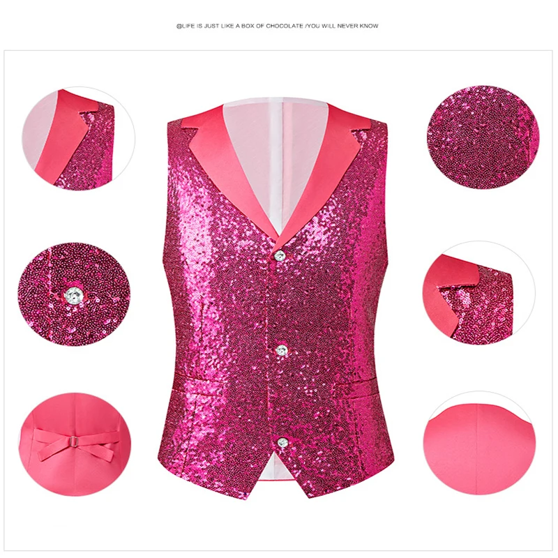 2024 otoño nuevo Color traje de lentejuelas Collar Rosa/Rosa-rojo/verde chalecos para hombres, presentador, cantante, vestido de coro de escenario,