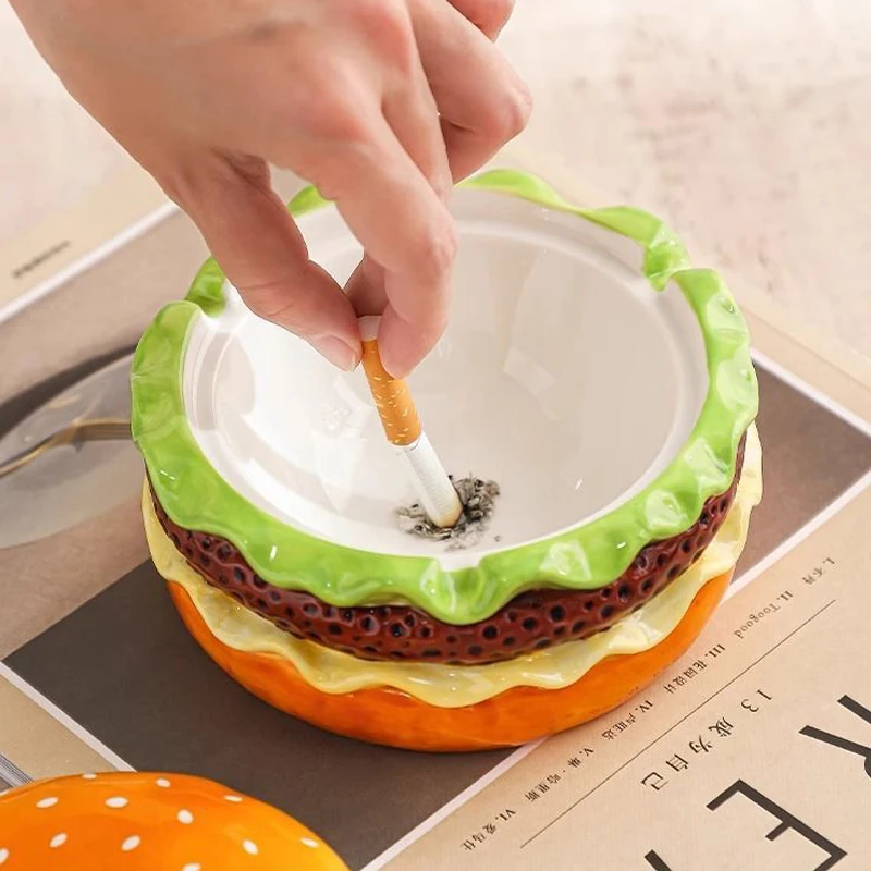 

Ceramic Hamburger Shape Ashtray, Home Living Room Coffee Table Decoration Office Supplies, Office Portable With Lid Ashtray, 1Pc