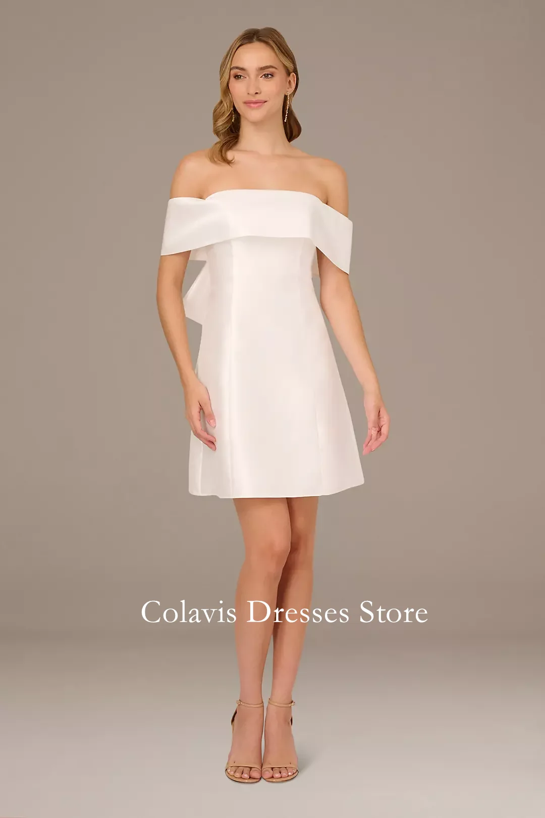 

Fanan Off-the-Shoulder Mikado Mini Wedding Dress with Bow Above Knee Customized Satin Bridal Party Gown Vestidos De Novia