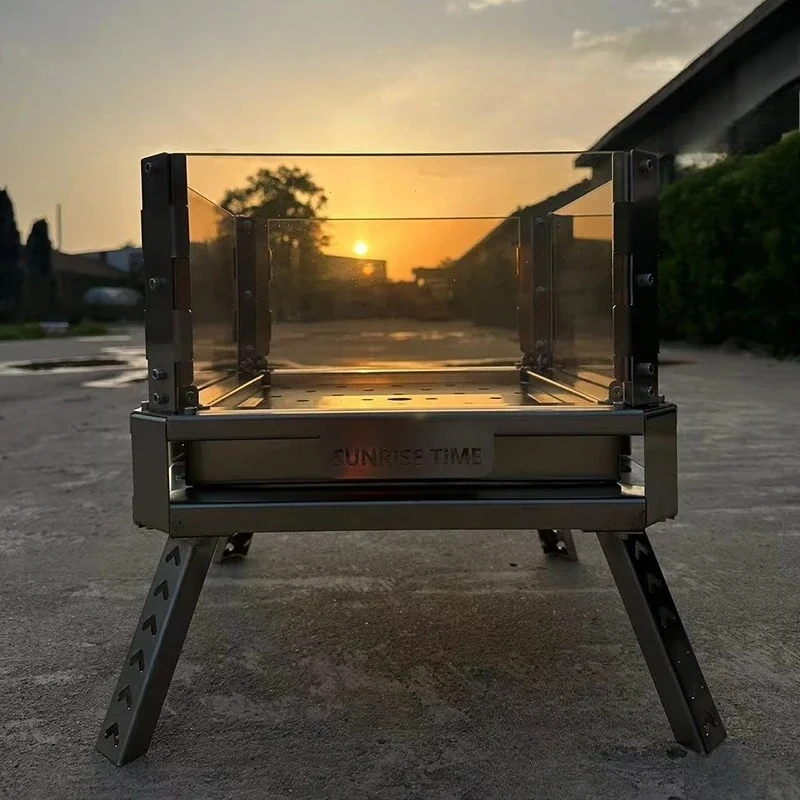 Outdoor Fire Pits Camping Stainless Steel Grill Stand Temperature Resistant Glass Firewood Stove Portable Folding Campfire Racks