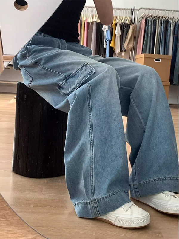 

Американские ретро-джинсы с широкими штанинами светло-голубого цвета для женщин, летние свободные повседневные прямые брюки в пол, рабочая одежда, длинные брюки