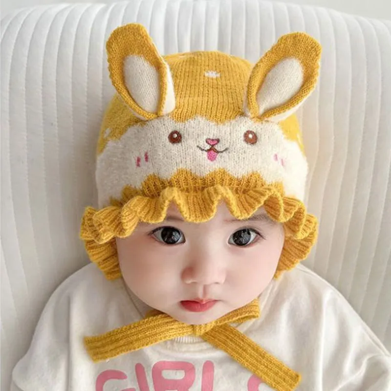 Cartoon Rabbit Ear Baby Hat Cute Knitted Baby Girls Boys Cap Beanies Soft Ear Warmer Infant Toddler Ruffle Lacing Hat  ﻿