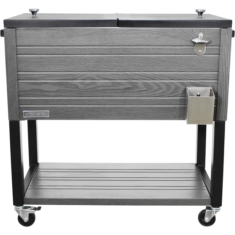 

80-Quart Outdoor Patio Cooler with Wheels | Beverage Rolling Cooler for Backyard Deck, PS-A205-80QT-GY, Wood Grain Accent, Gray