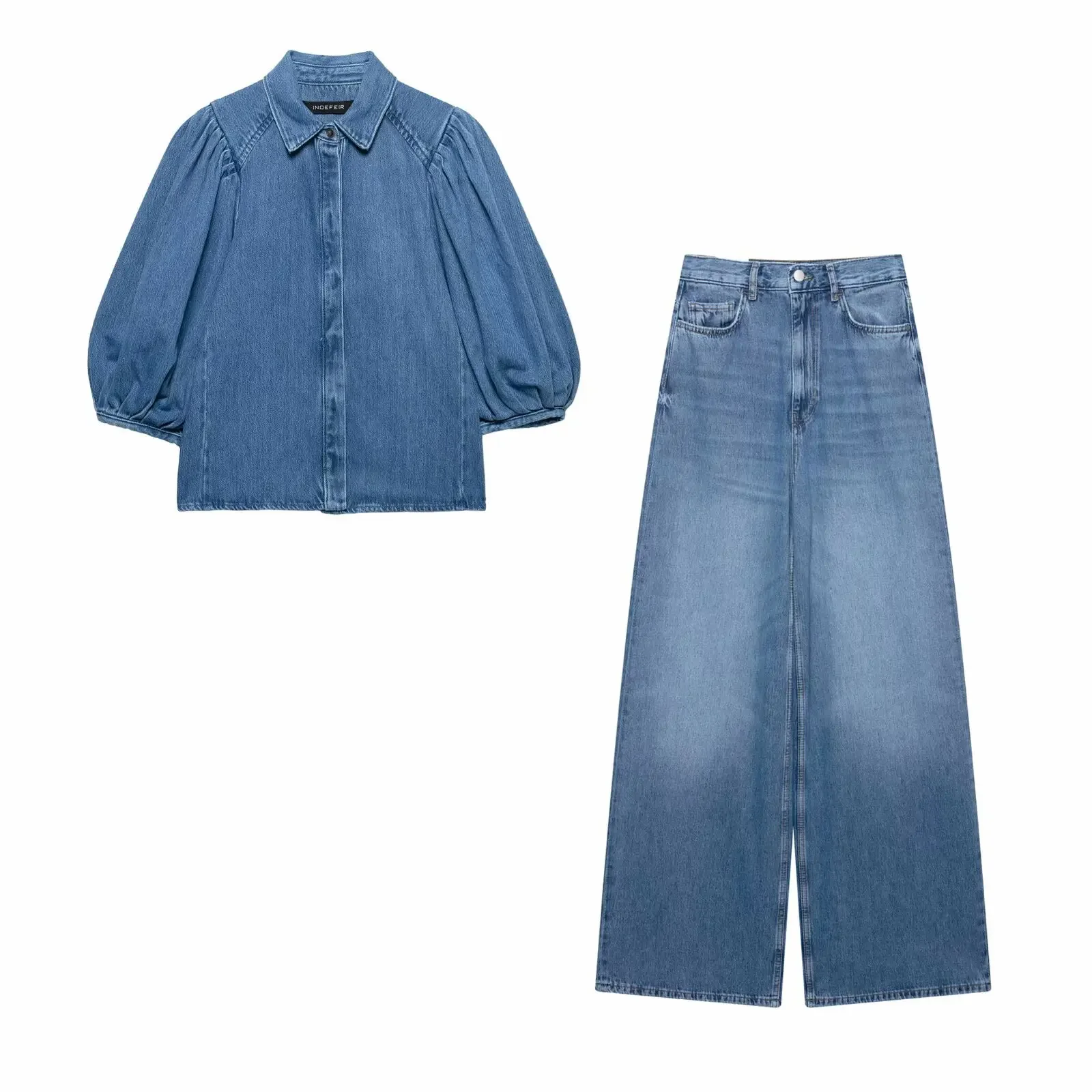 

Straight Wide-leg Pant Women's Denim Shirt Denim Commuter Two-piece Jeans Pant Lapel Long-sleeved Casual Shirt with High-waisted