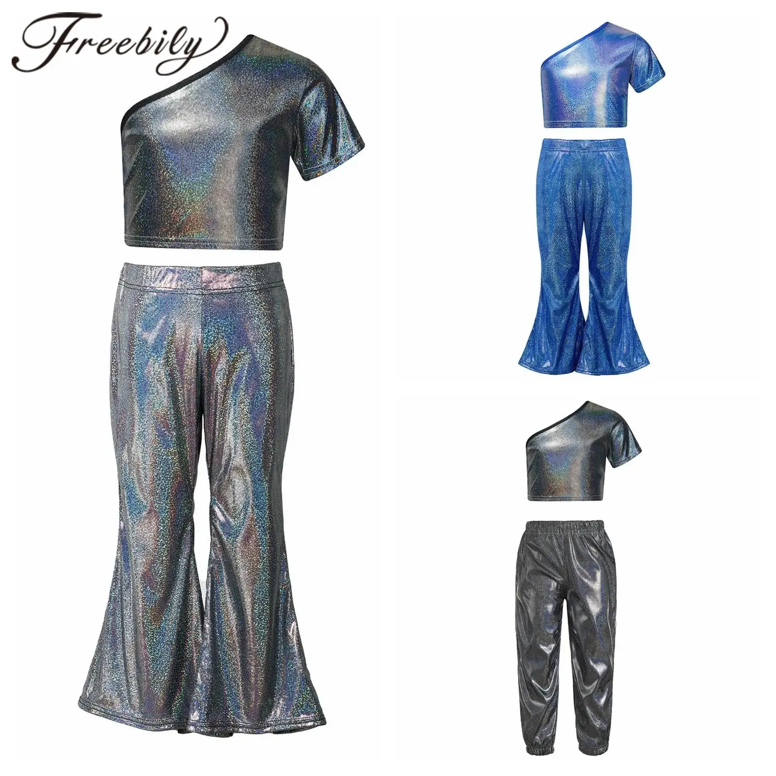 

Комплекты костюмов для джазовых танцев металлик для девочек, детская блестящая одежда для сценических танцев, детские расклешенные брюки, костюмы в стиле хип-хоп