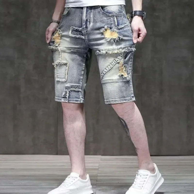 

Man Denim Shorts Ripped with Pockets Patchwork Short Jeans Pants for Men Thin Trend 2024 Designer Y2k Fashion Summer Rude Sale