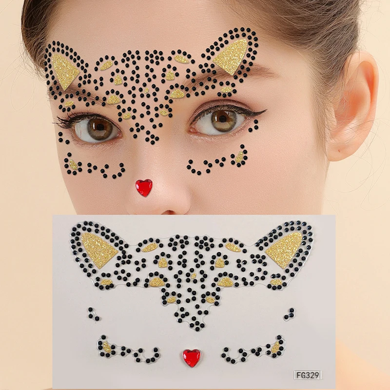 1Pcs 3D Acrylic Drill Sticker Cute Cat Face Stickers Ball Party Face Decoration Diamond Masquerade Temporary Tattoo Stickers