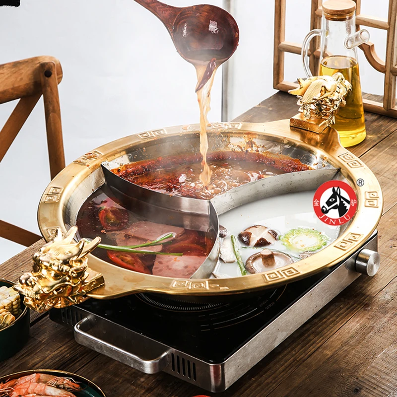 

Stainless Steel Gas Induction Cooker Hot Pot Golden Dragon Head Mandarin Duck Hotpot Round Divider Chafing Dish Cooking Cookware