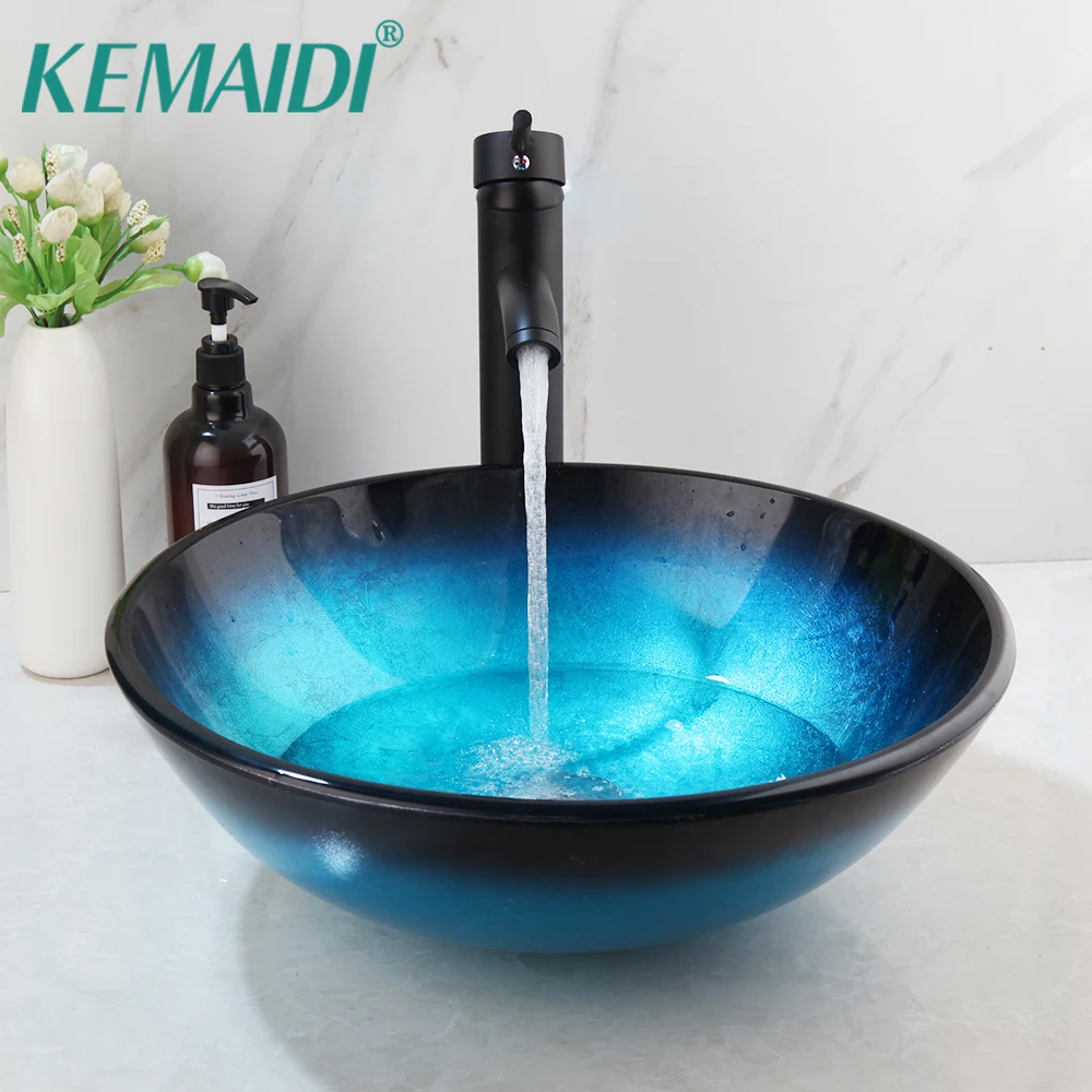 

KEMAIDI Blu Tempered Glass Vessel Sink Mixer Set Bathroom Solid Sink With Matte Black Faucet And Water Drain